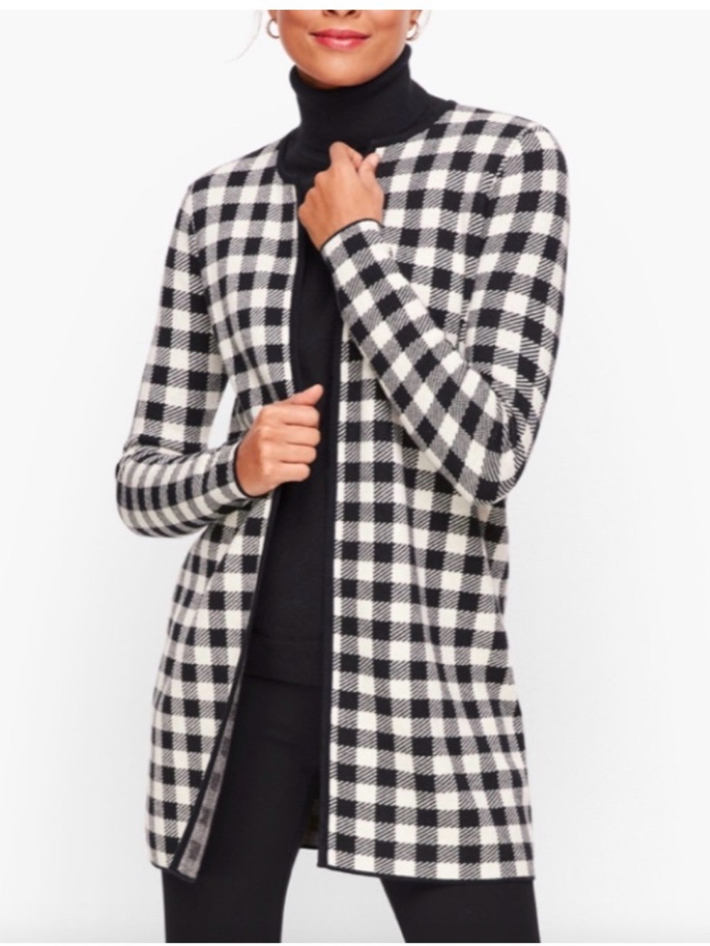 Talbots Black & White Buffalo Plaid Open Front Cardigan Sweater SZ X (XL) Career
